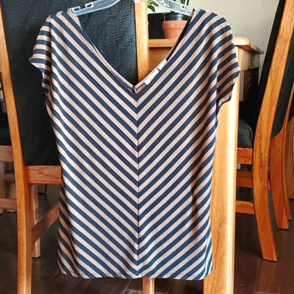 Liz&Co. V Neck Black & Brown Striped Large Blouse